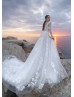 Long Sleeves Ivory Lace Tulle Floral Wedding Dress With Horsehair Hem